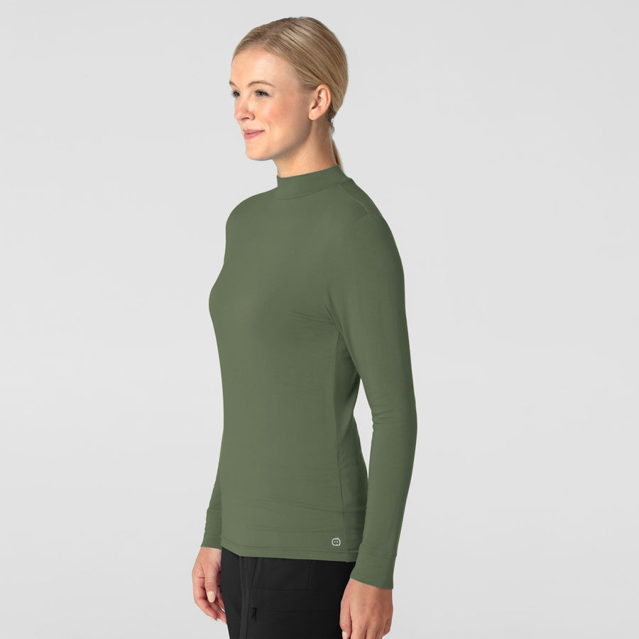 Knits and Layers Women’s Long Sleeve Mock Neck Silky Tee Olive side view