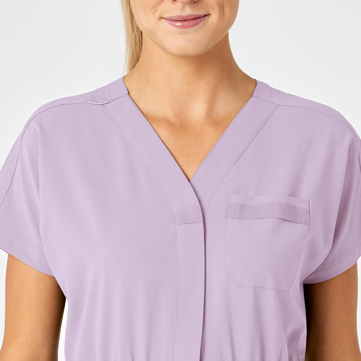 RENEW Women's Zip Front Scrub Jumpsuit Pastel Lilac neckline detail