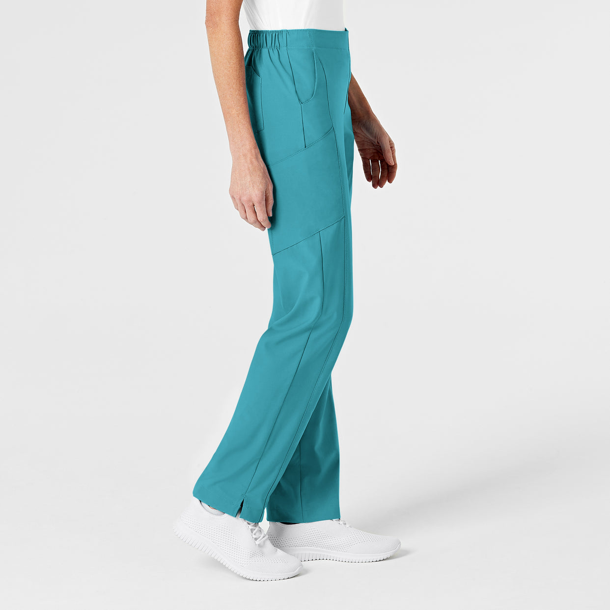 W123 Women's Flat Front Cargo Scrub Pant Teal Blue side view