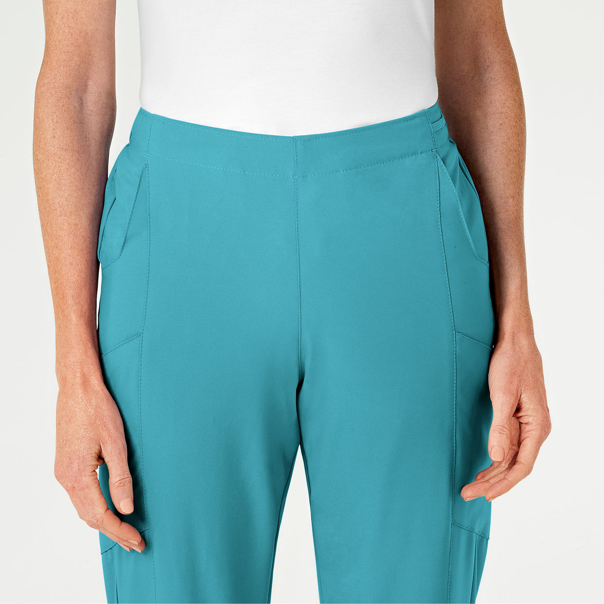 W123 Women's Flat Front Cargo Scrub Pant Teal Blue front detail