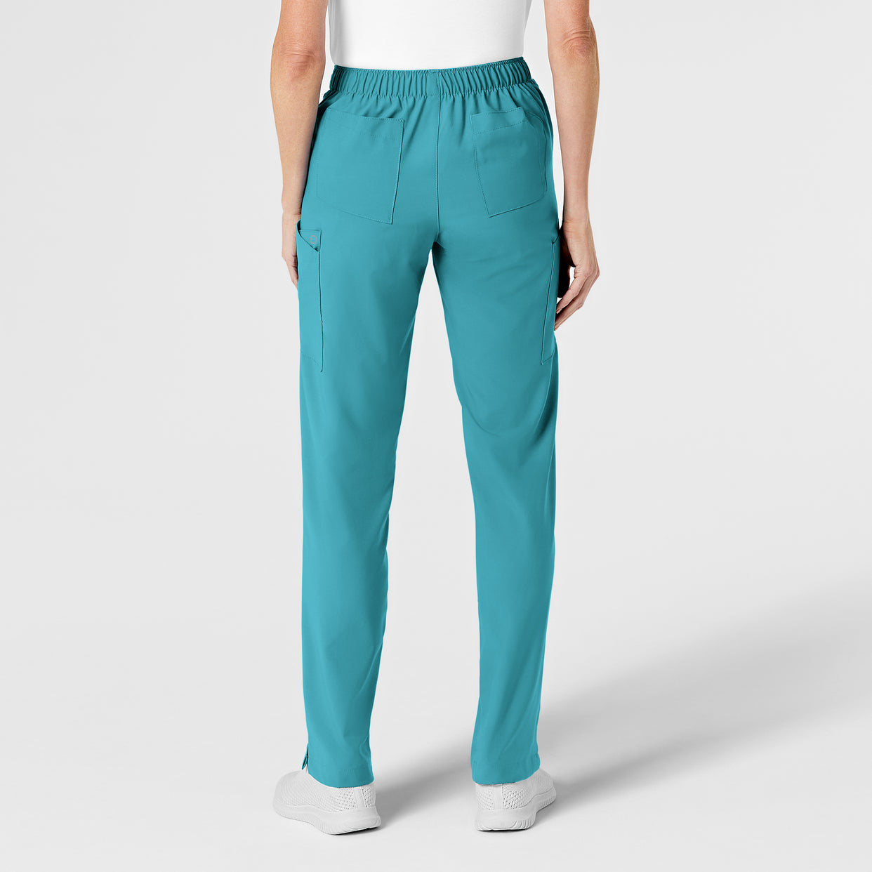 W123 Women's Flat Front Cargo Scrub Pant Teal Blue back view