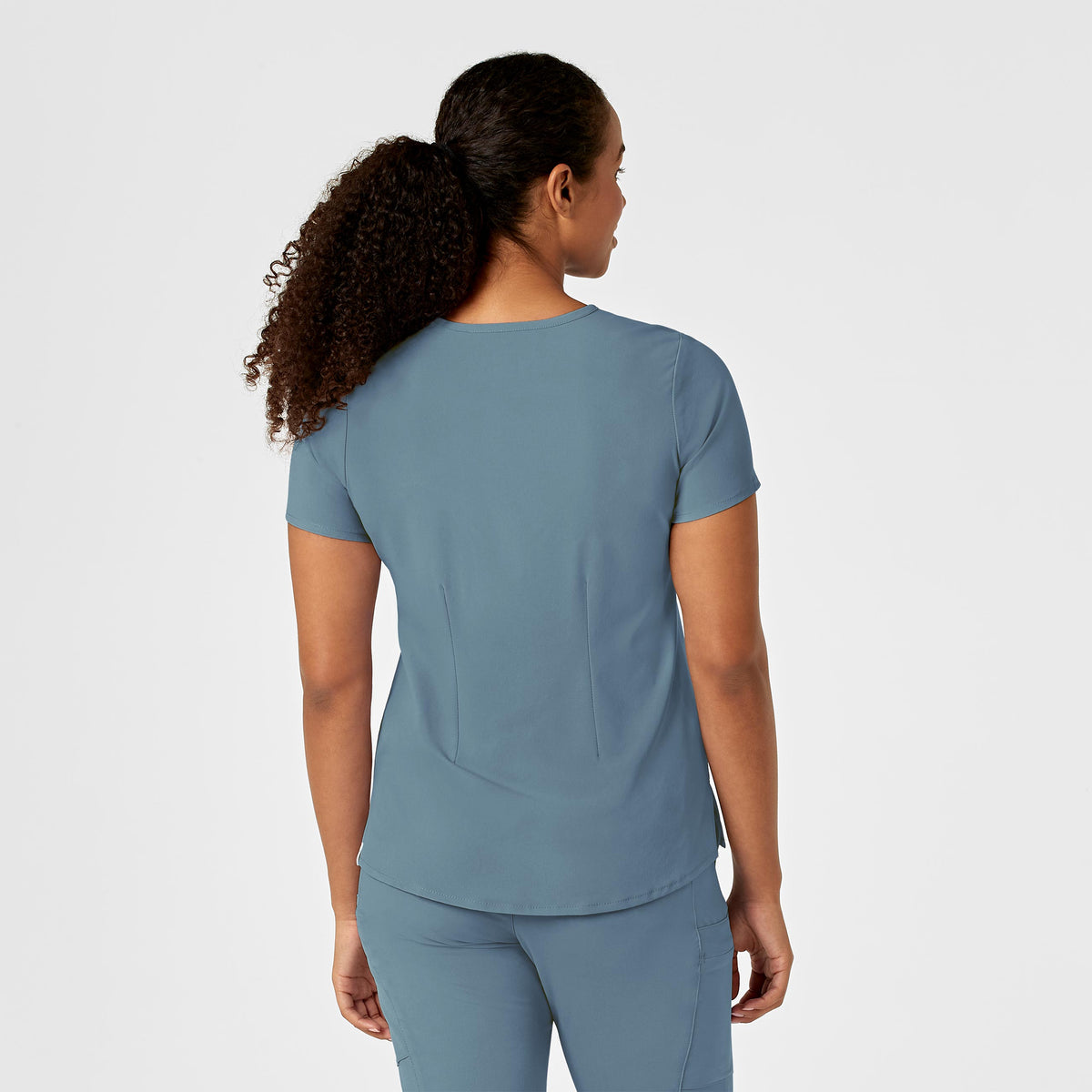 RENEW Women's Mandarin Collar Tuck-In Scrub Top Elemental Blue back view
