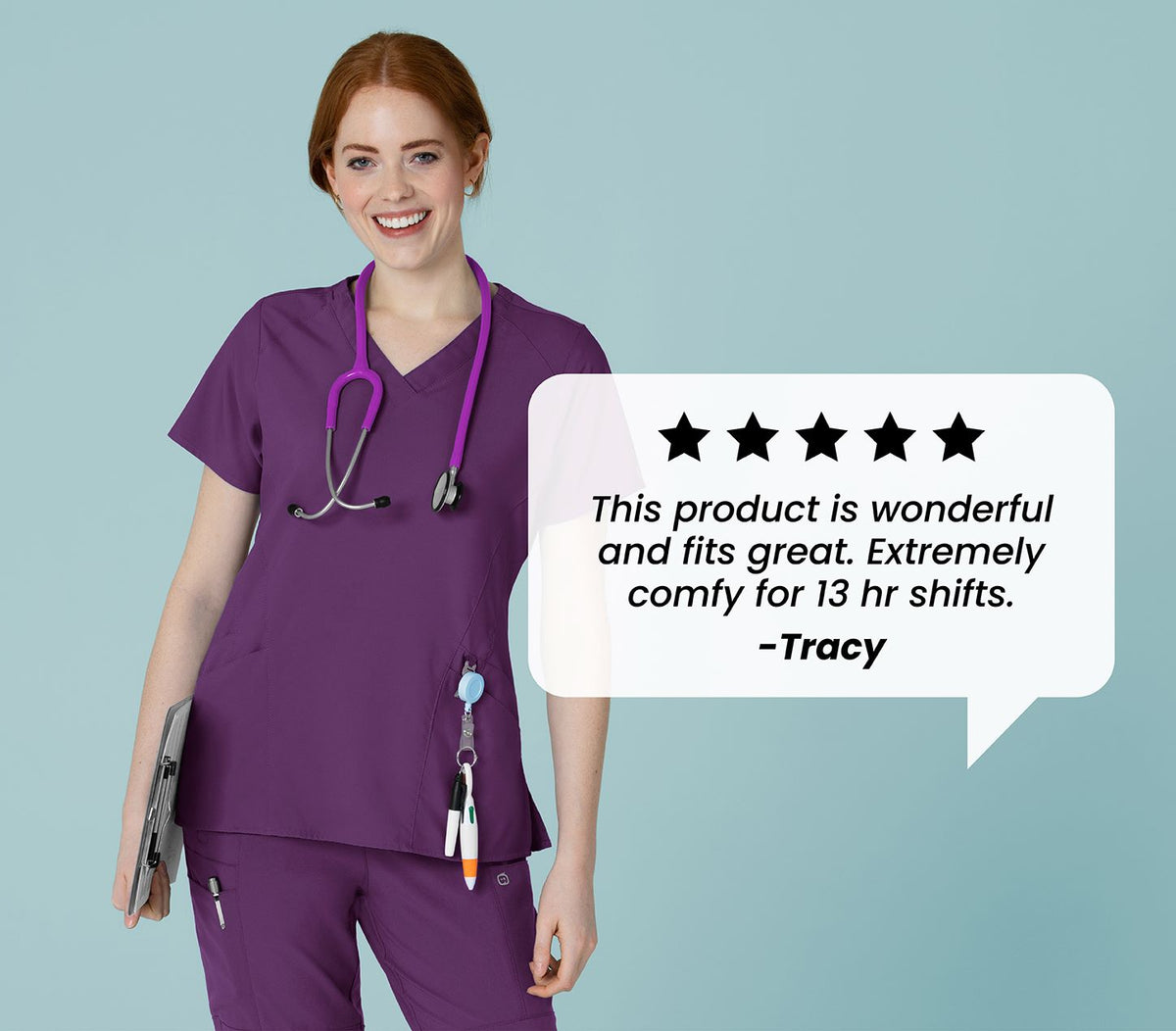 5-stars, "This product is wonderful and fits great. Extremely comfy for 13 hr shifts." - Tracy W123 scrub set in eggplant.