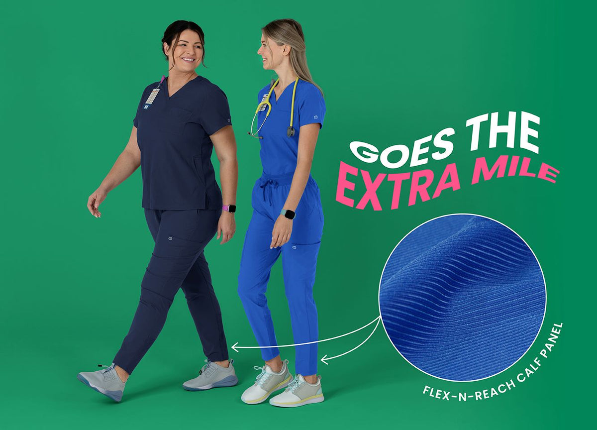 Goes the extra mile; Flex-n-Reach Calf Panel; Scrub Pants that offer flexibility and mobility for all the miles nurses walk daily.