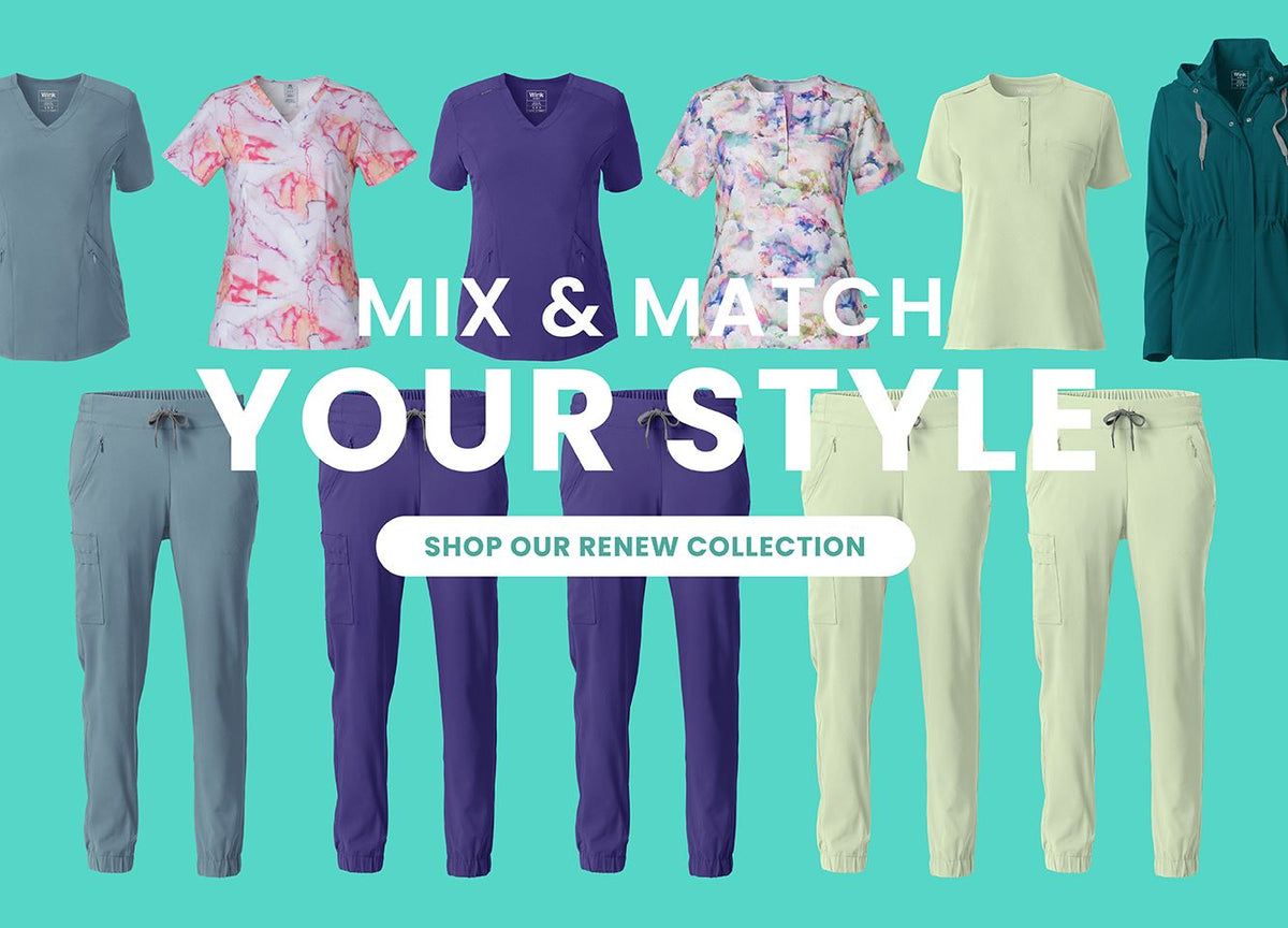 "Mix & Match Your Style, Shop our renew scrubs collection" Scrub Tops and Scrub Pants in prints and solids in a variety of styles and colors.