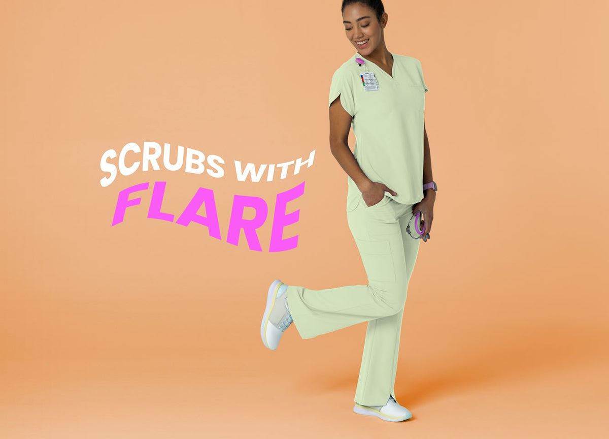 "scrubs with flare" Flare leg Scrub Pants in Fresh Mint color shown with matching Dolman Top in Fresh Mint