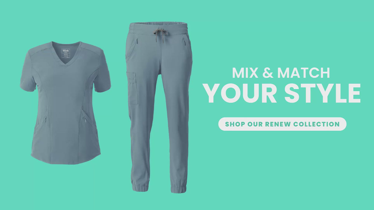 "Mix & Match Your Style Shop Our RENEW Scrubs Collection", Carousel of Scrub outfit ideas for a full work week of scrubs uniform options.