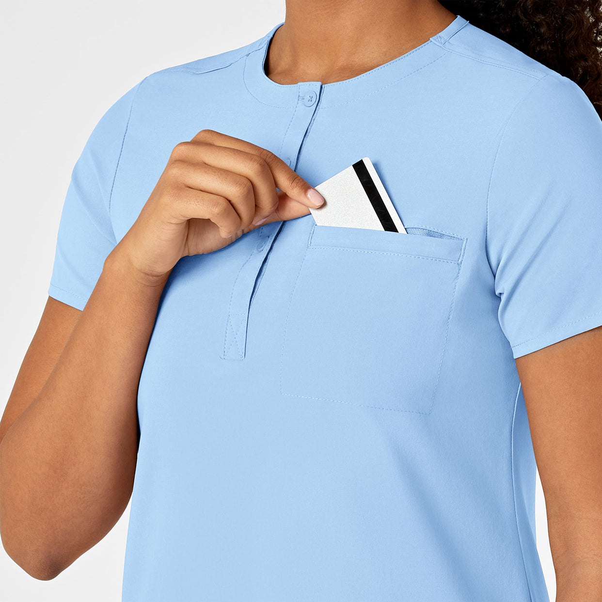 RENEW Women's Mandarin Collar Tuck-In Scrub Top - Powder Blue pocket detail
