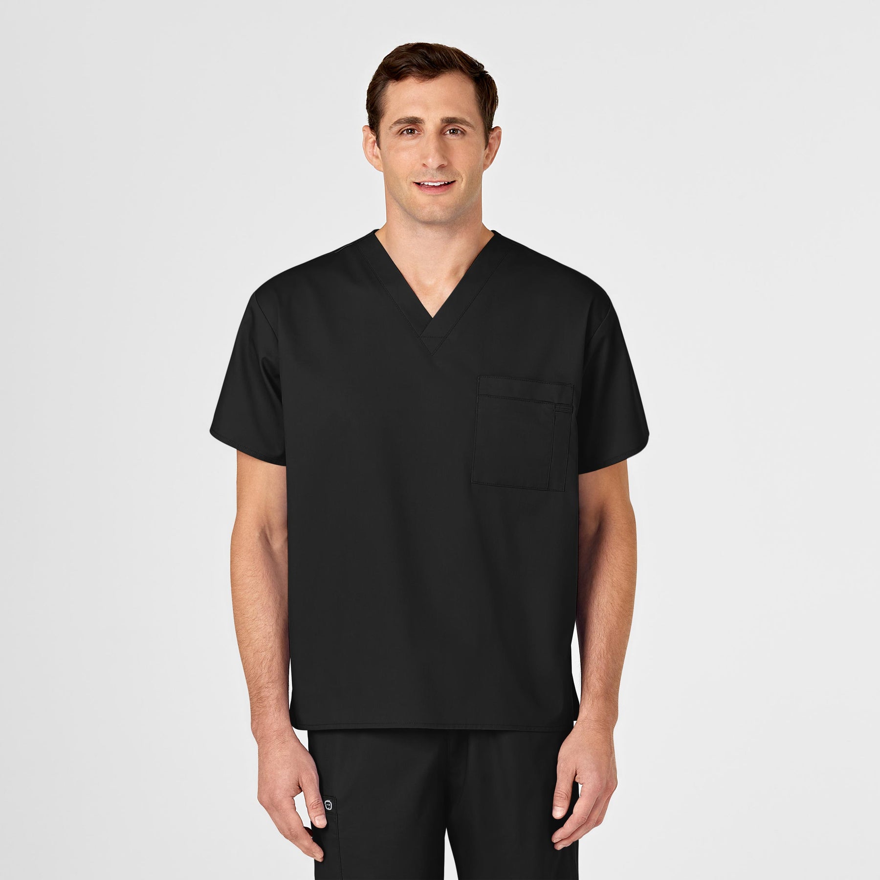 WonderWORK Unisex V-Neck Scrub Top Black front detail