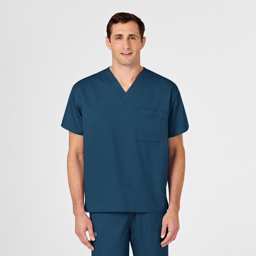 WonderWORK Unisex V-Neck Scrub Top Caribbean Blue front detail