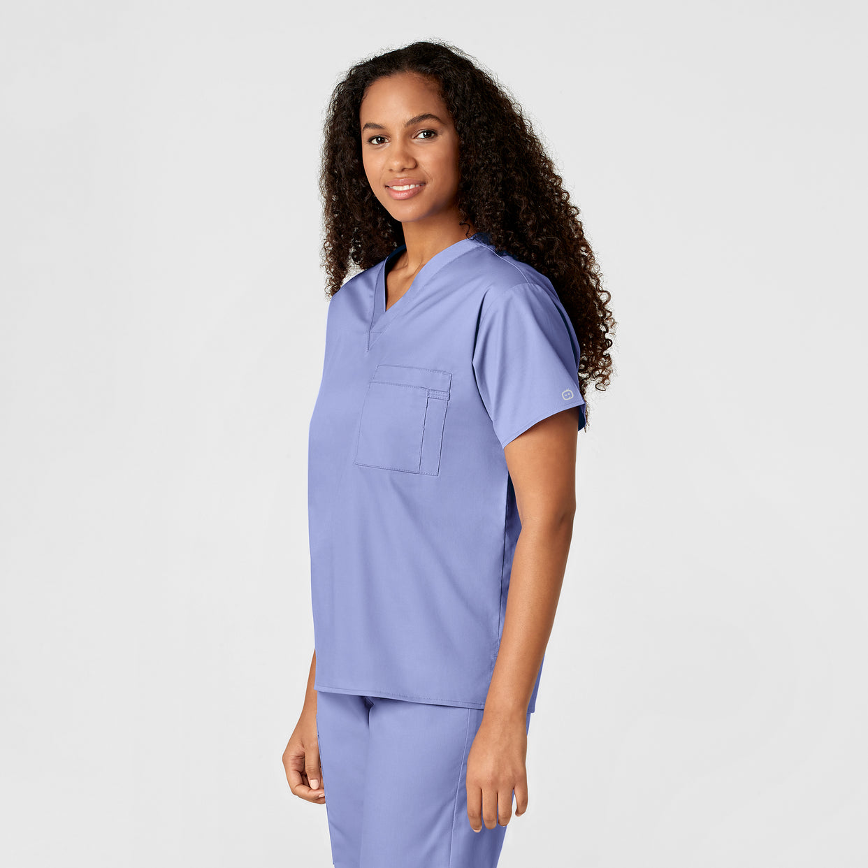 WonderWORK Unisex V-Neck Scrub Top Ceil Blue side view