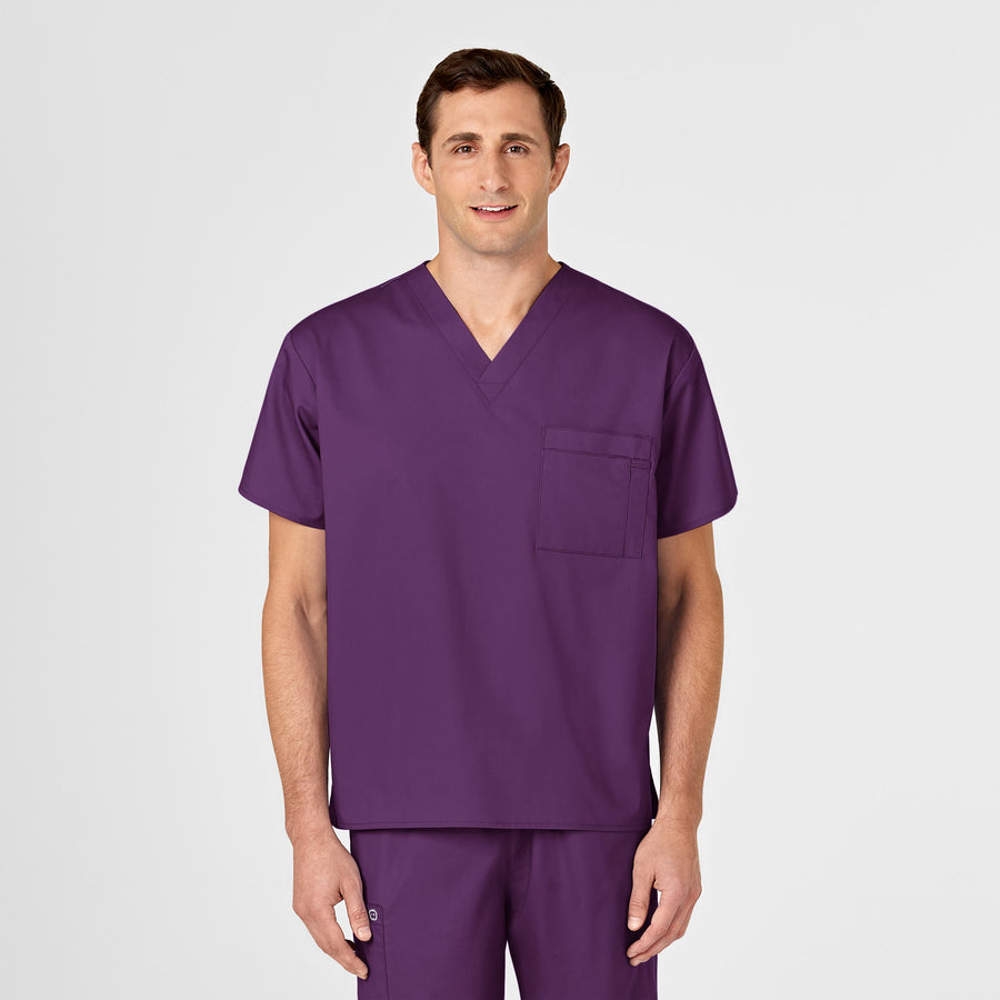 WonderWORK Unisex V-Neck Scrub Top Eggplant front detail