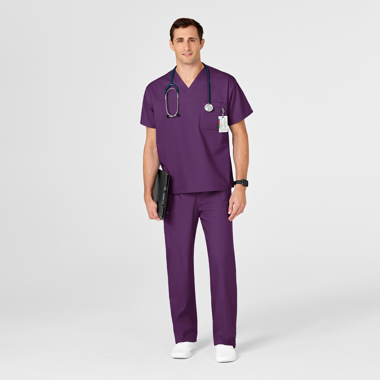 WonderWORK Unisex V-Neck Scrub Top Eggplant side detail 1