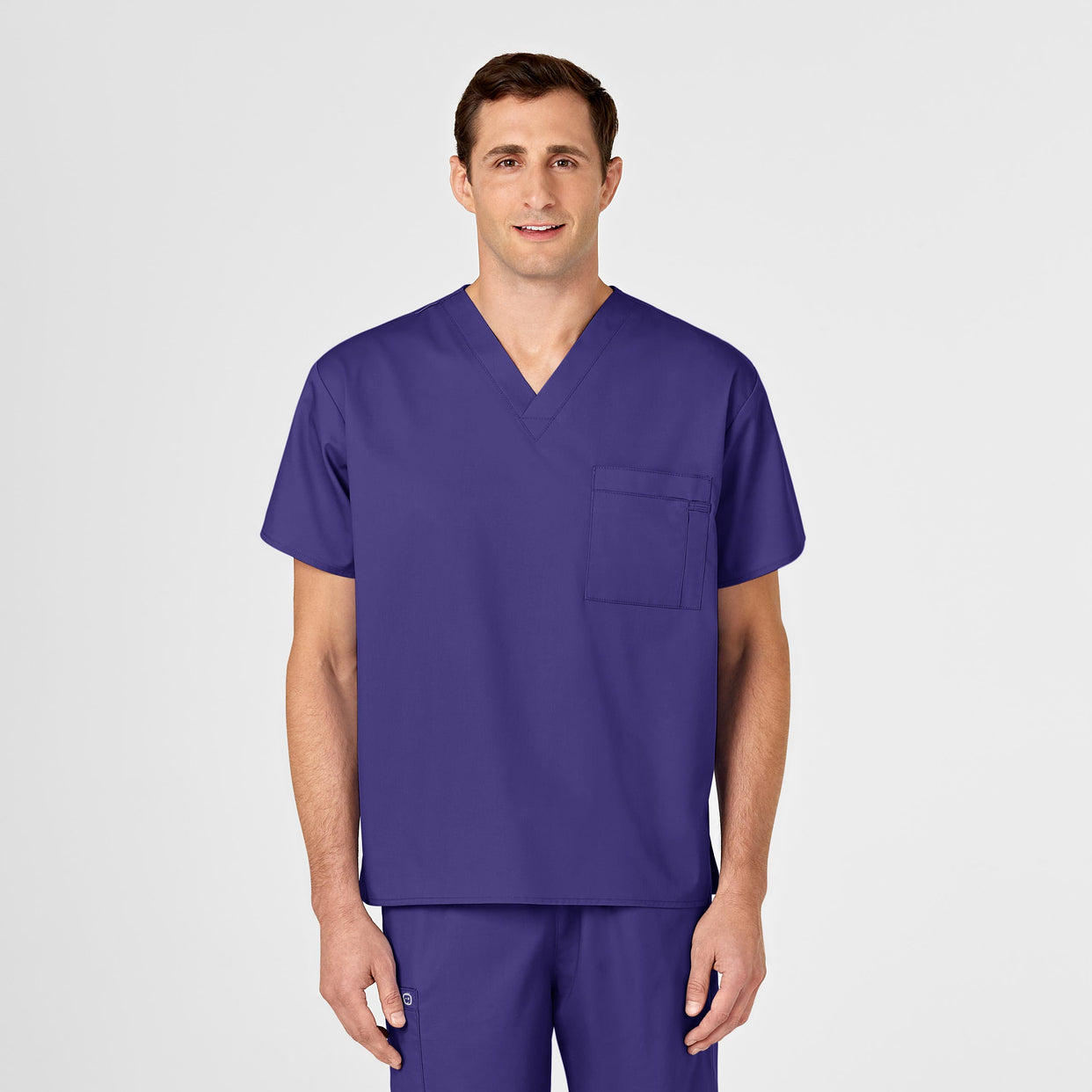 WonderWORK Unisex V-Neck Scrub Top Grape front detail