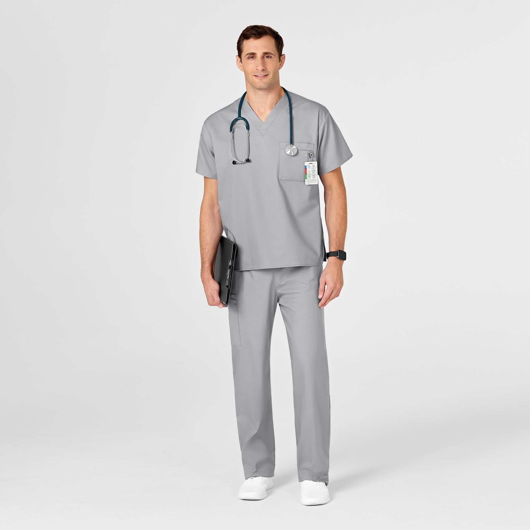 WonderWORK Unisex V-Neck Scrub Top Grey side detail 1