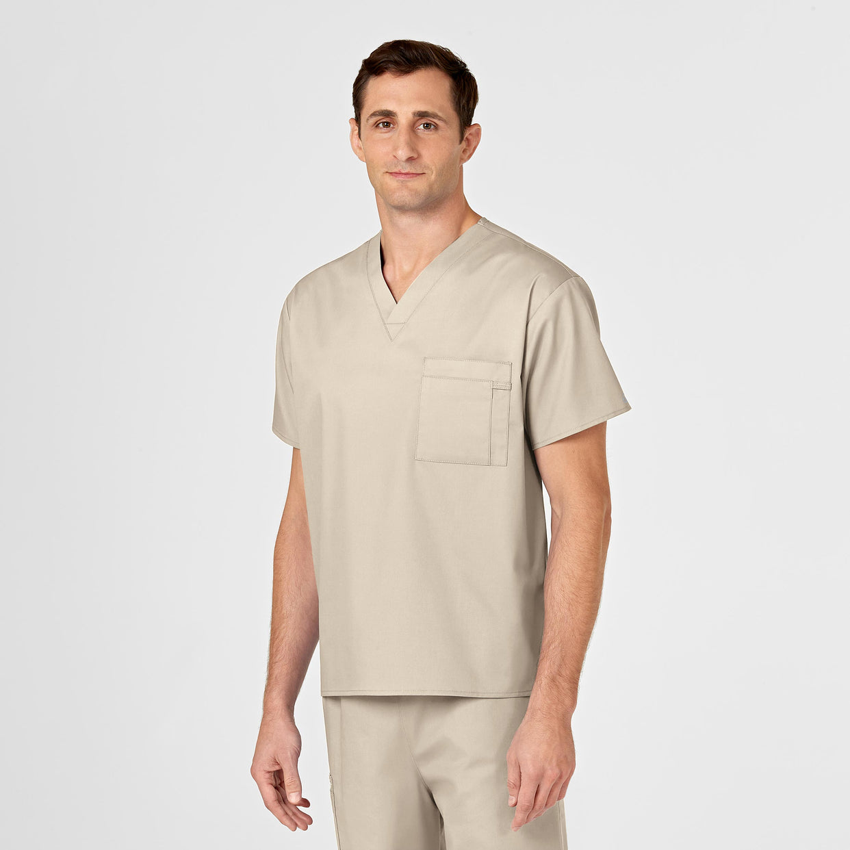 WonderWORK Unisex V-Neck Scrub Top Khaki side detail 2