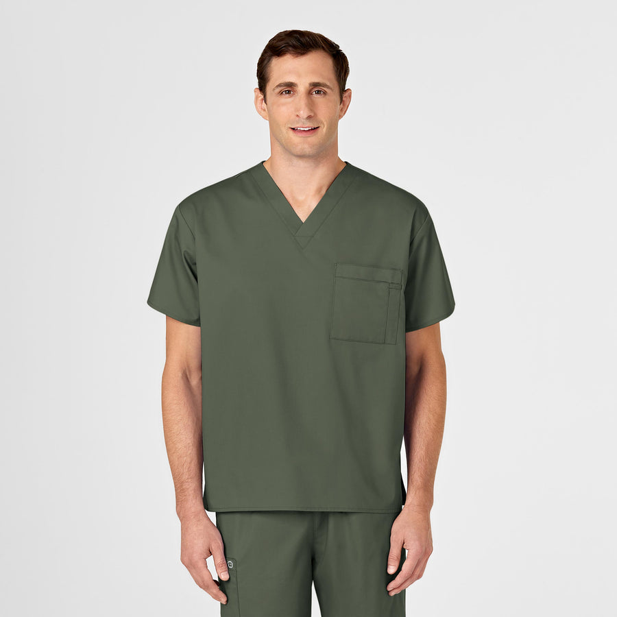 WonderWORK Unisex V-Neck Scrub Top Olive front detail