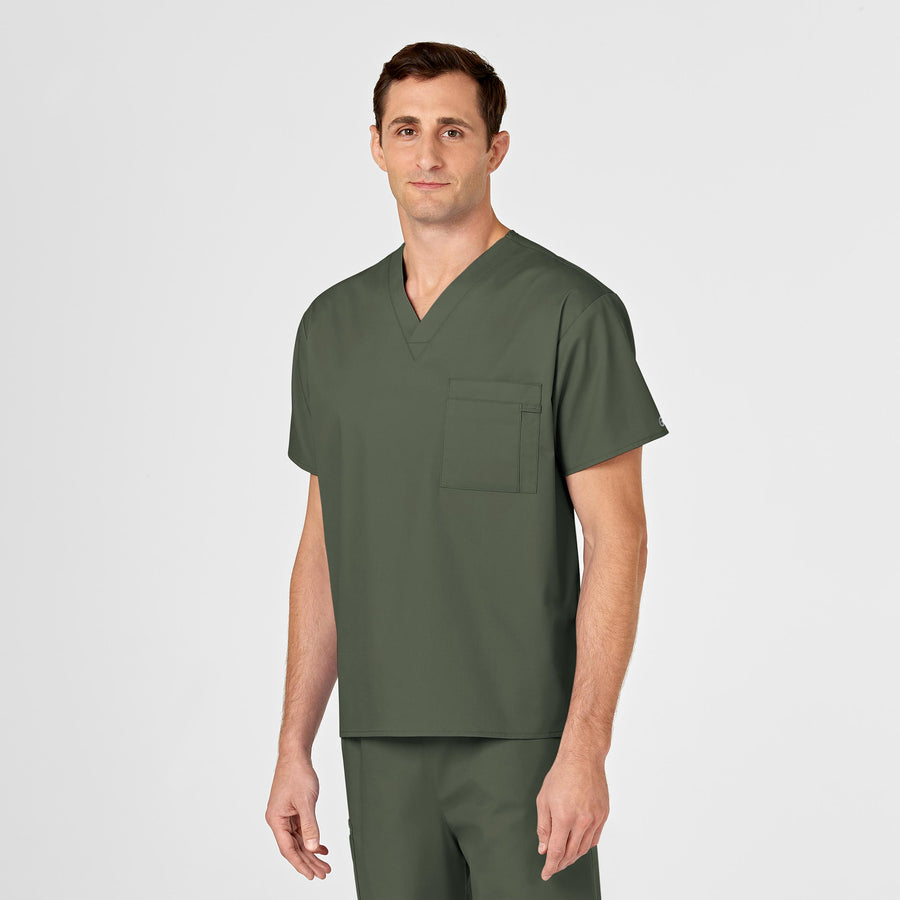 WonderWORK Unisex V-Neck Scrub Top Olive side detail 2