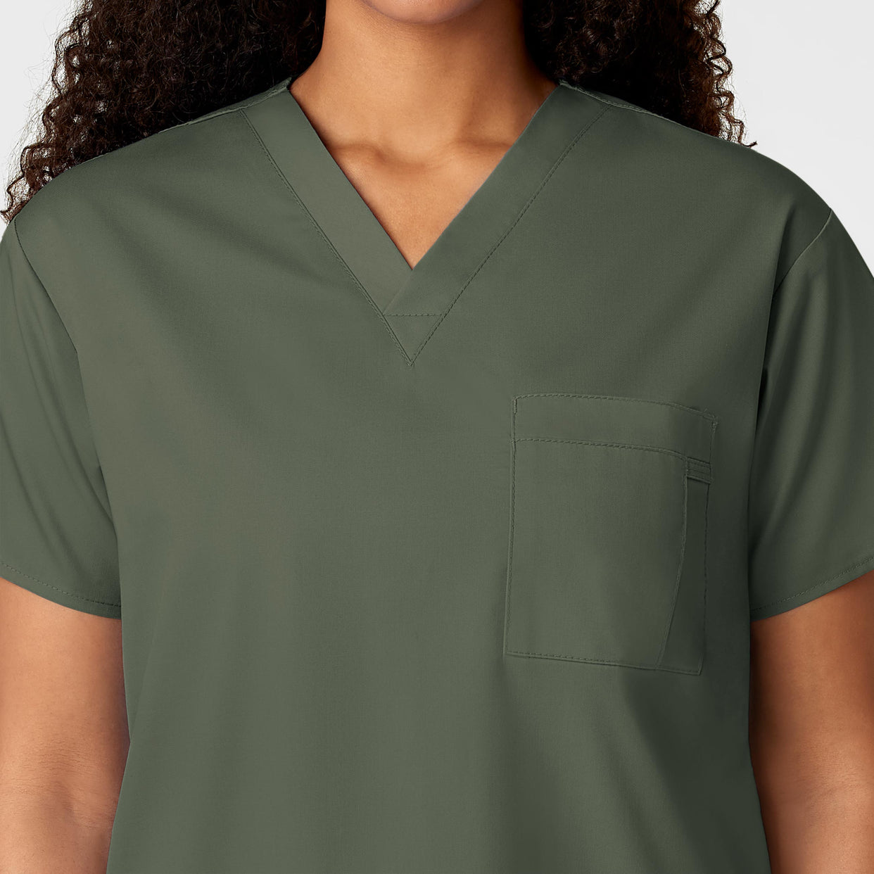 WonderWORK Unisex V-Neck Scrub Top Olive hemline detail