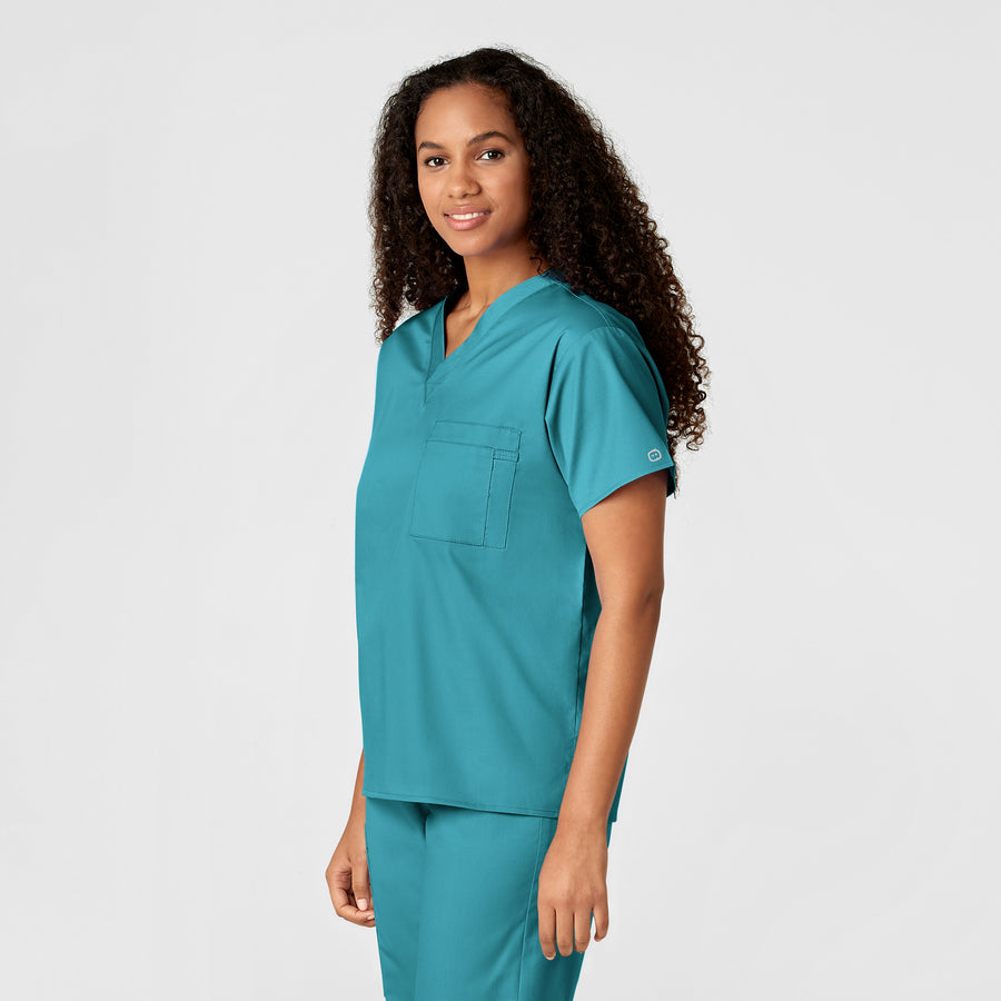 WonderWORK Unisex V-Neck Scrub Top Teal Blue side view