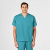 WonderWORK Unisex V-Neck Scrub Top Teal Blue front detail