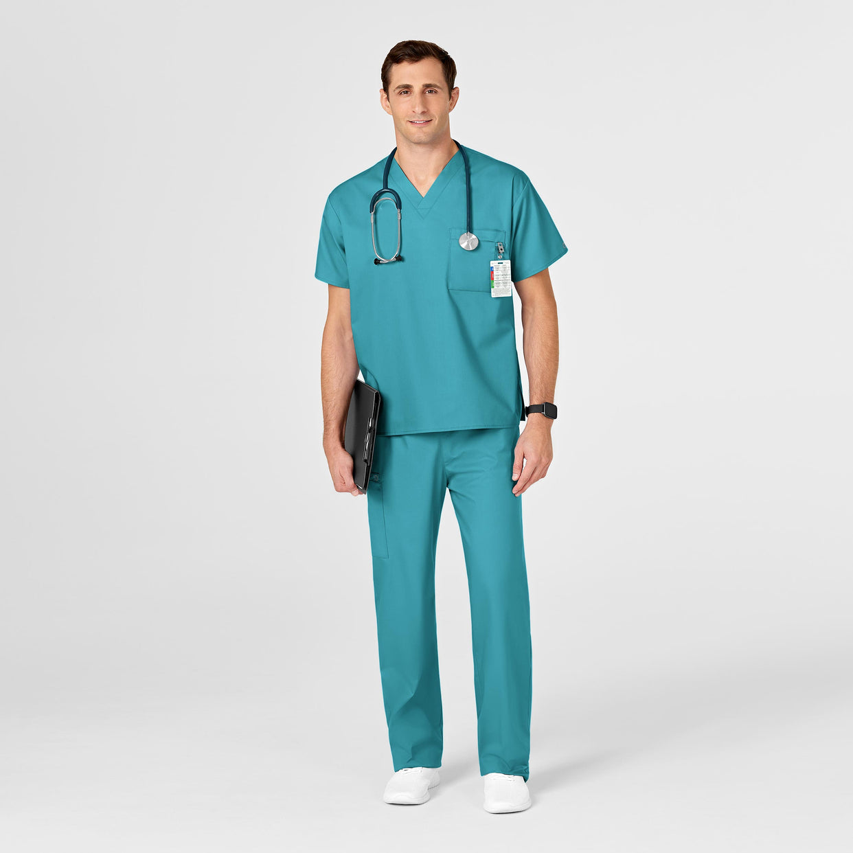 WonderWORK Unisex V-Neck Scrub Top Teal Blue side detail 1