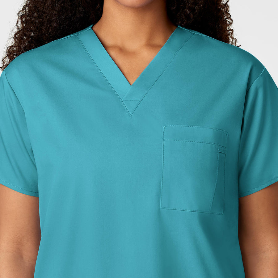 WonderWORK Unisex V-Neck Scrub Top Teal Blue hemline detail