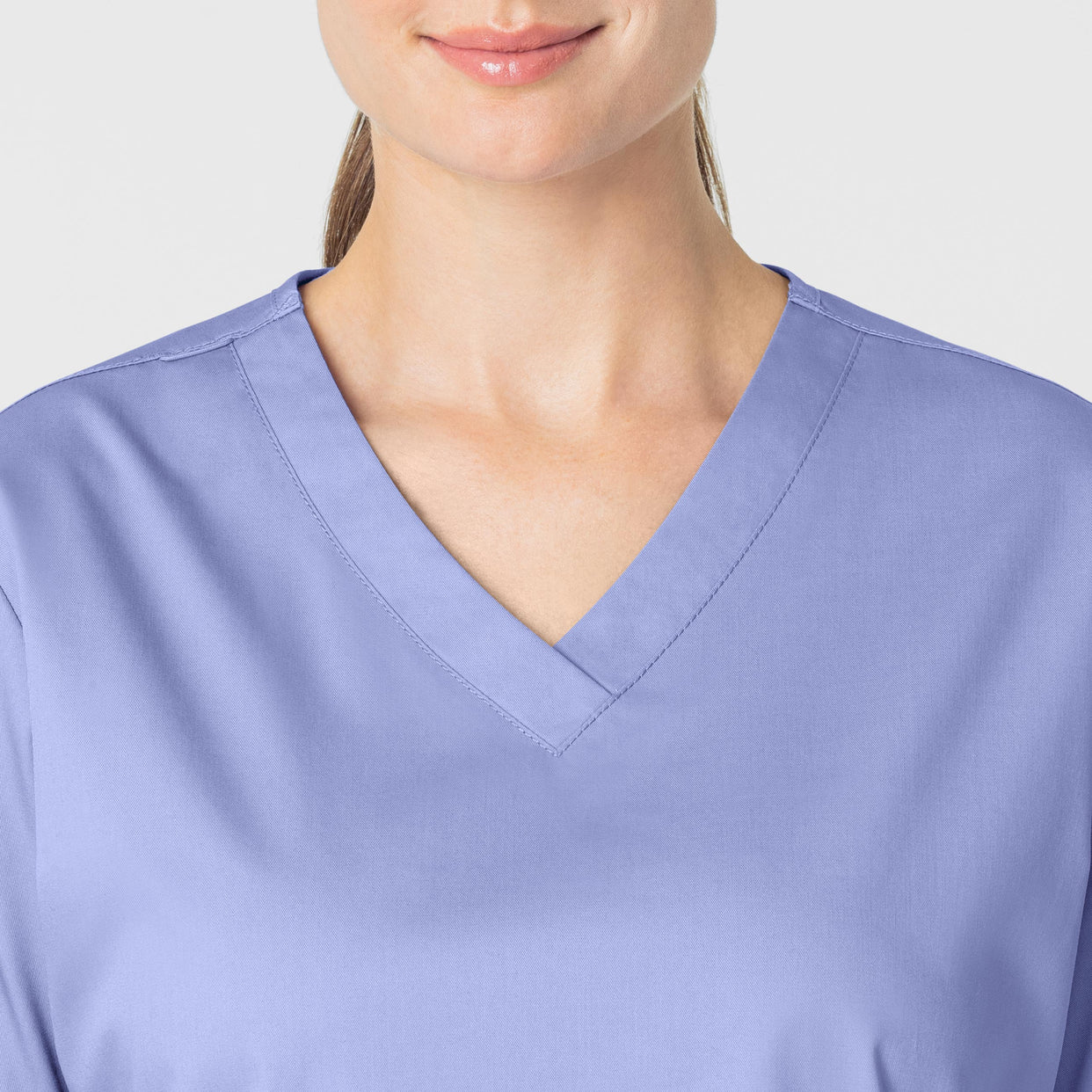 WonderWORK Women's V-Neck Scrub Top Ceil Blue front detail