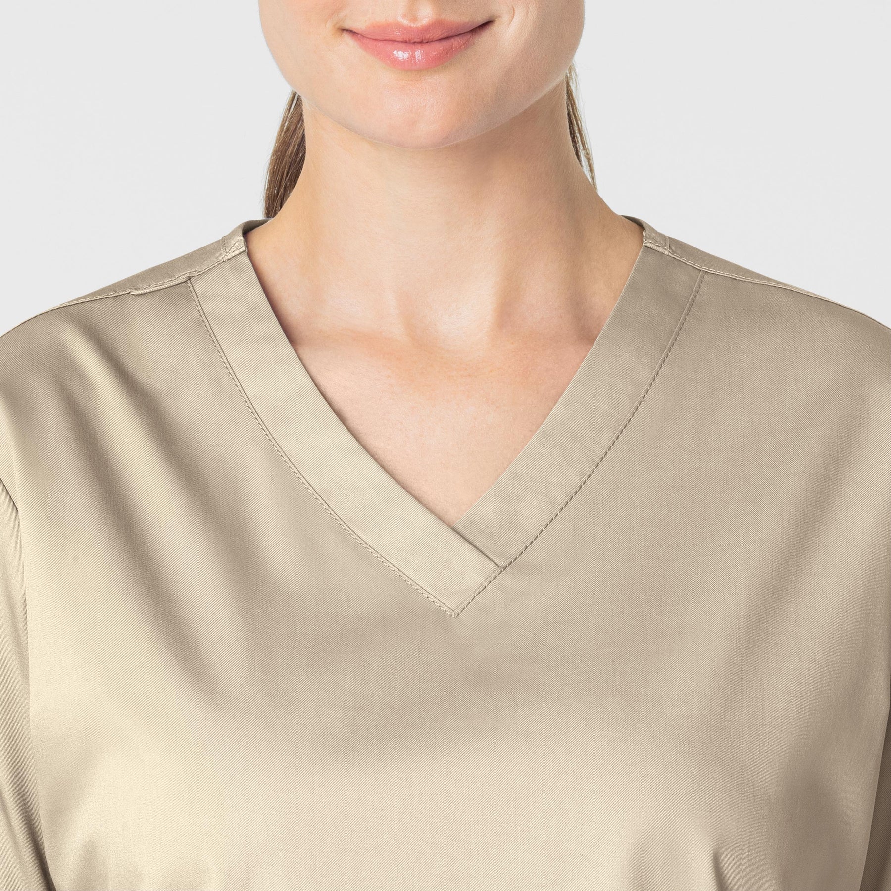 WonderWORK Women's V-Neck Scrub Top Khaki front detail