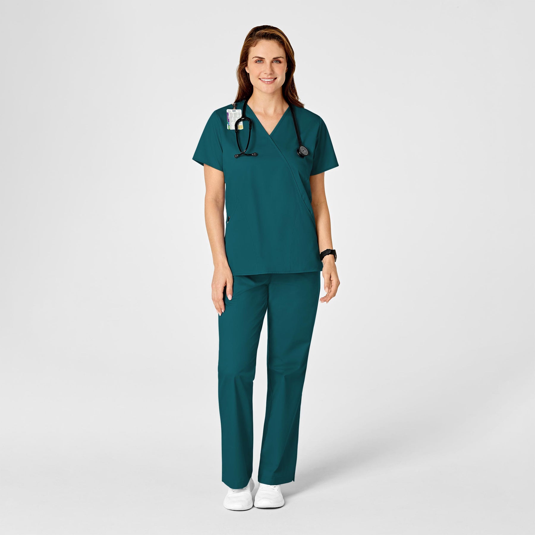 WonderWORK Women's Mock Wrap Scrub Top Caribbean Blue full scrub set