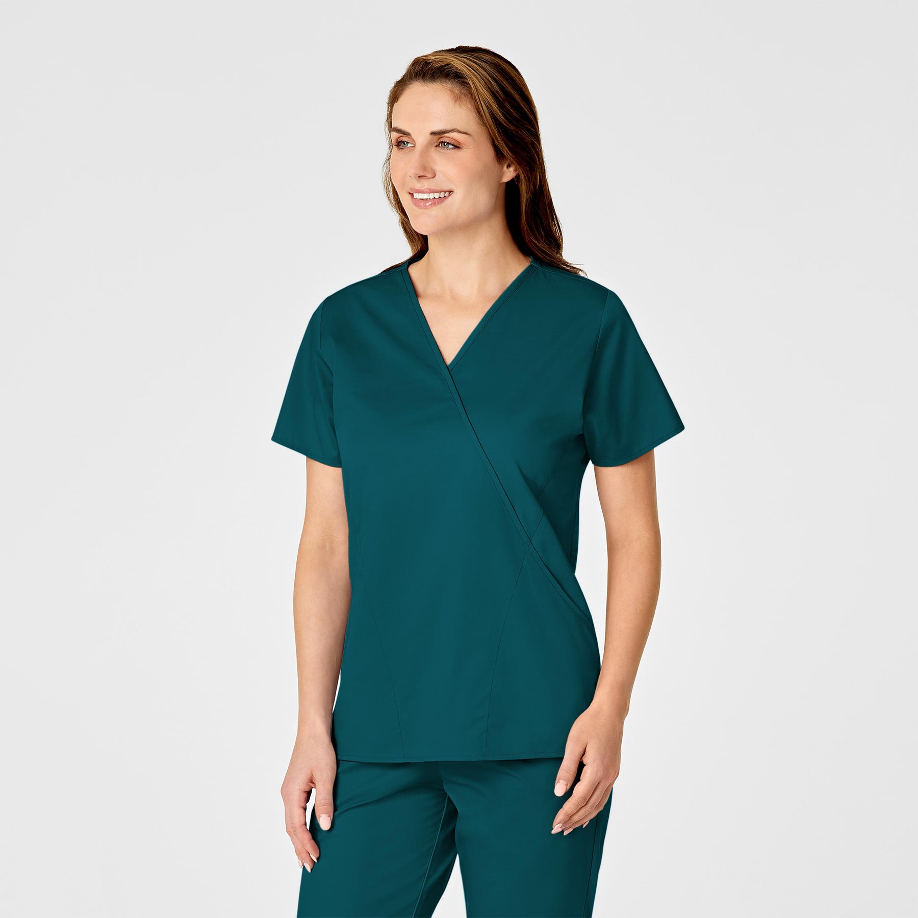 WonderWORK Women's Mock Wrap Scrub Top Caribbean Blue side view