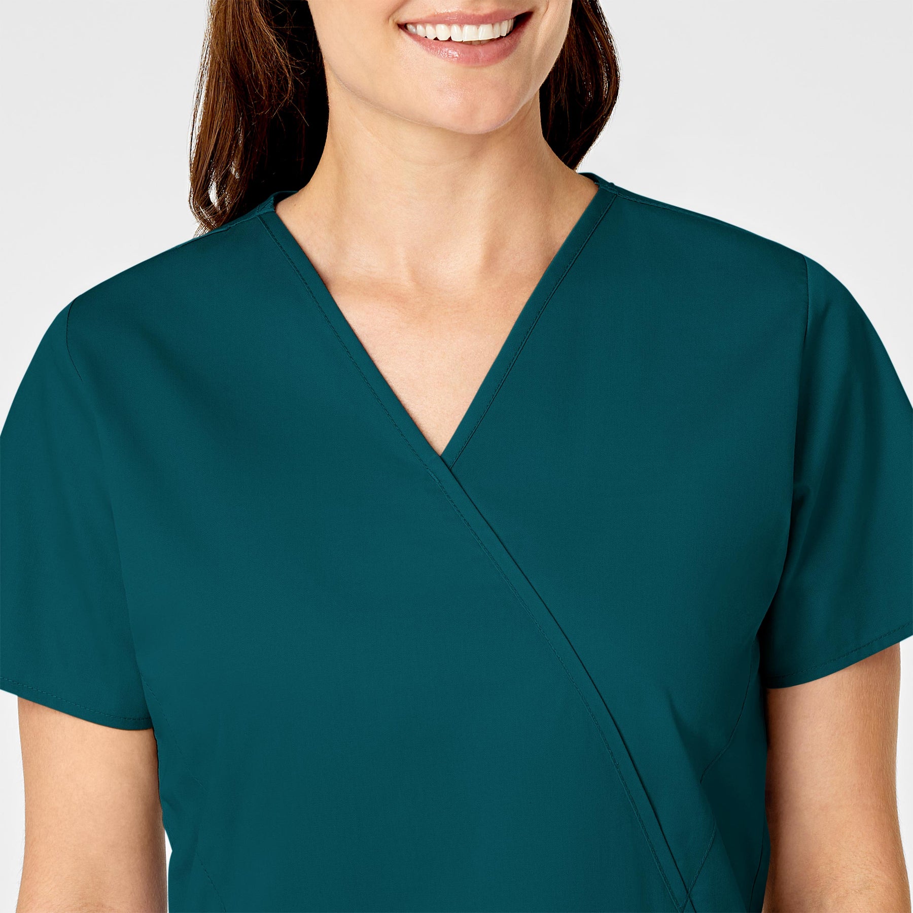 WonderWORK Women's Mock Wrap Scrub Top Caribbean Blue front detail