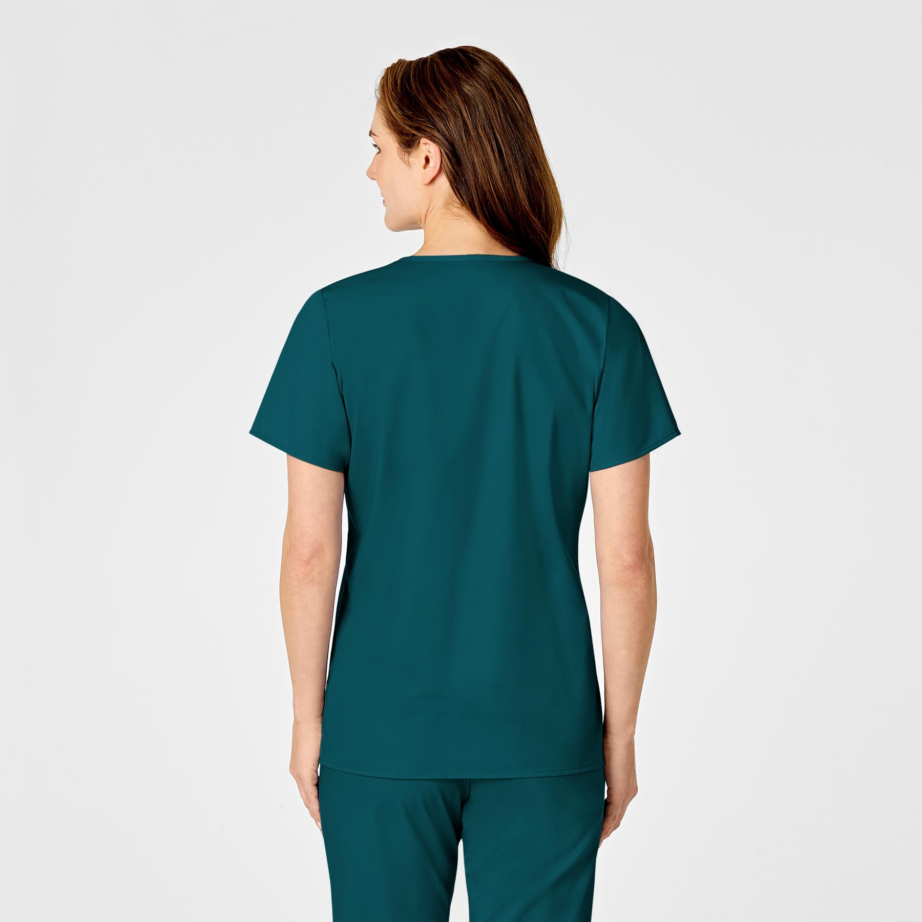 WonderWORK Women's Mock Wrap Scrub Top Caribbean Blue back view