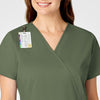 WonderWORK Women's Mock Wrap Scrub Top Olive side detail 1