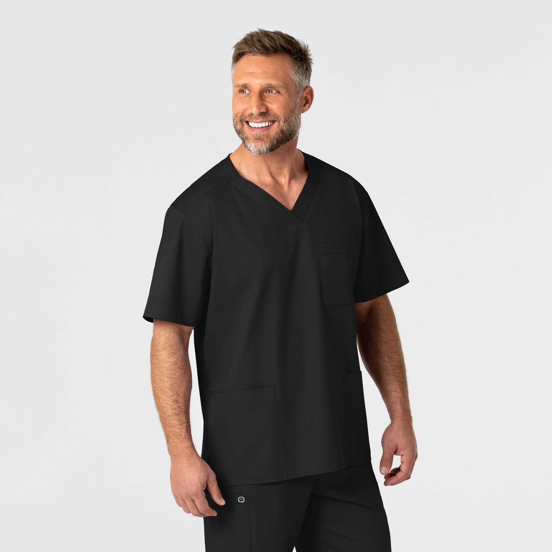 WonderWORK Men's V-Neck Scrub Top - Black front detail