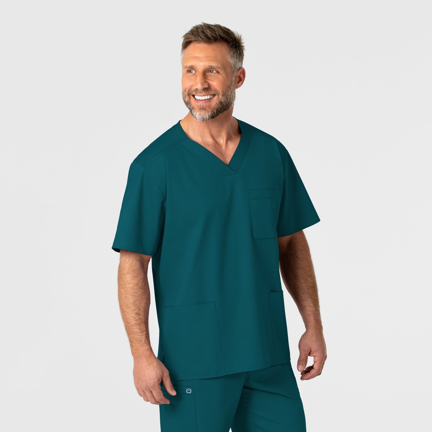 WonderWORK Men's V-Neck Scrub Top - Caribbean front detail