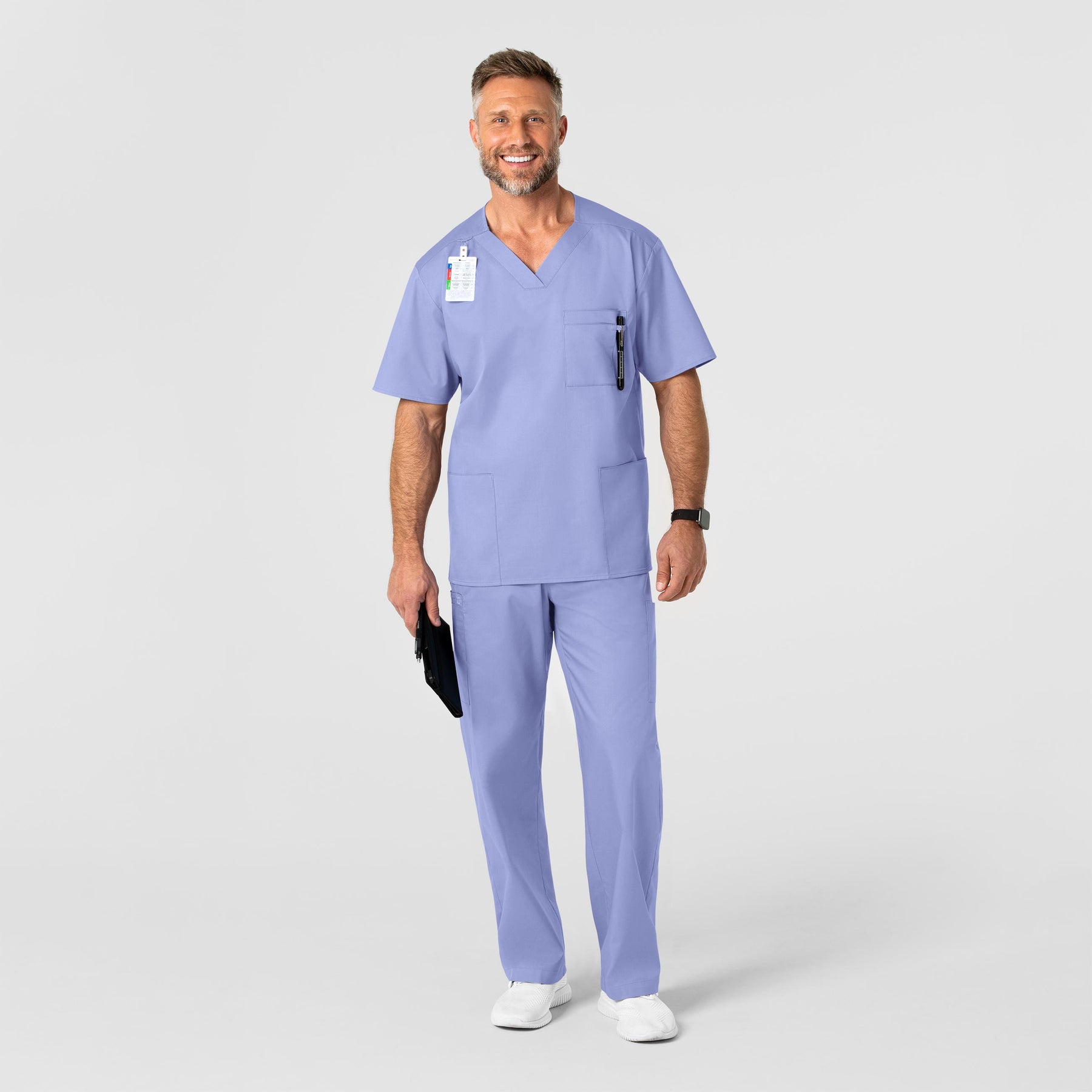WonderWORK Men's V-Neck Scrub Top Ceil Blue full scrub set