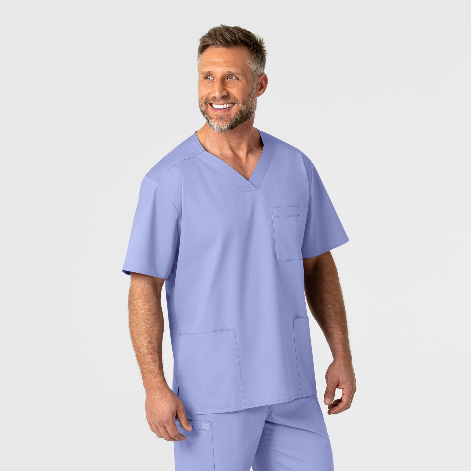 WonderWORK Men's V-Neck Scrub Top - Ceil Blue front detail