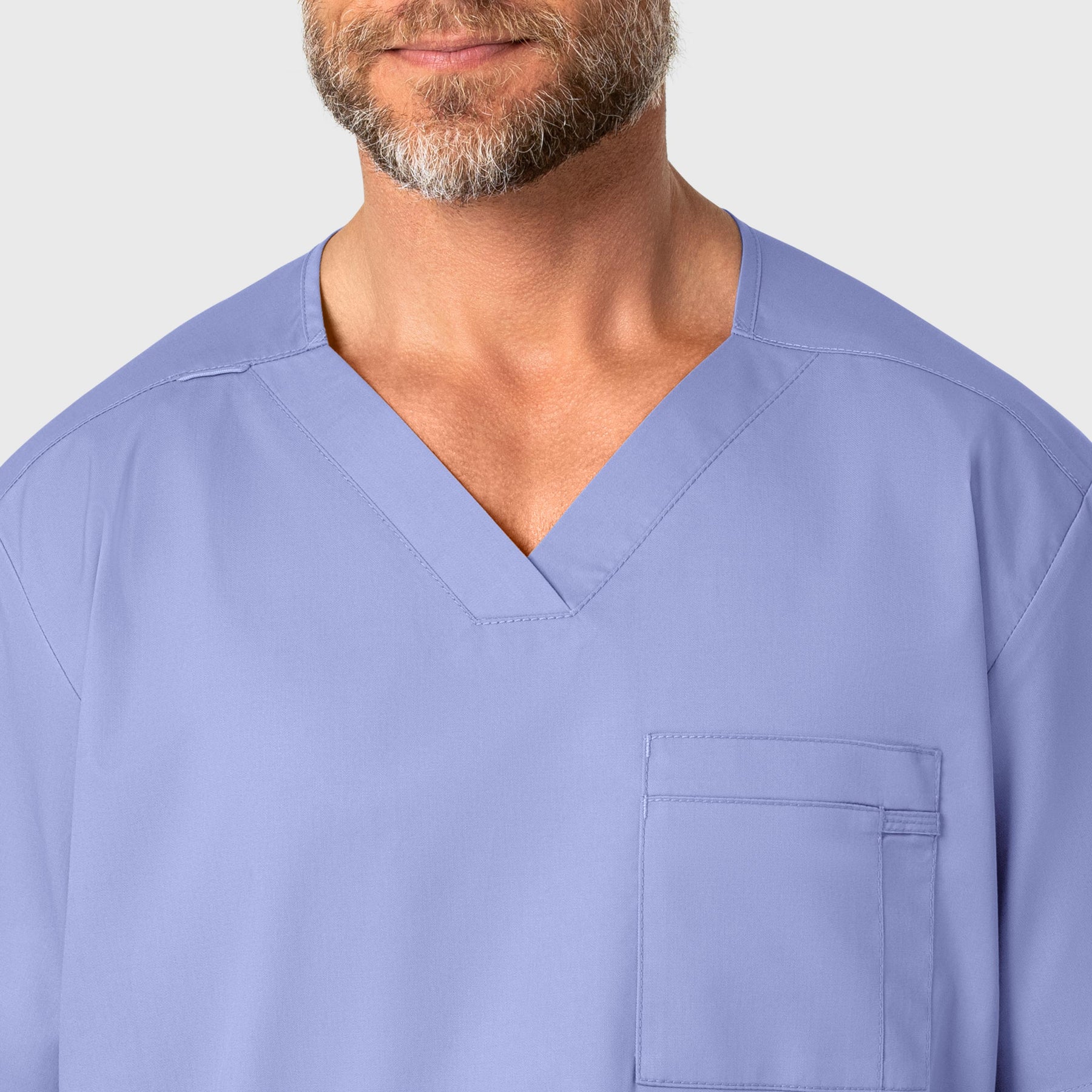 WonderWORK Men's V-Neck Scrub Top Ceil Blue front detail