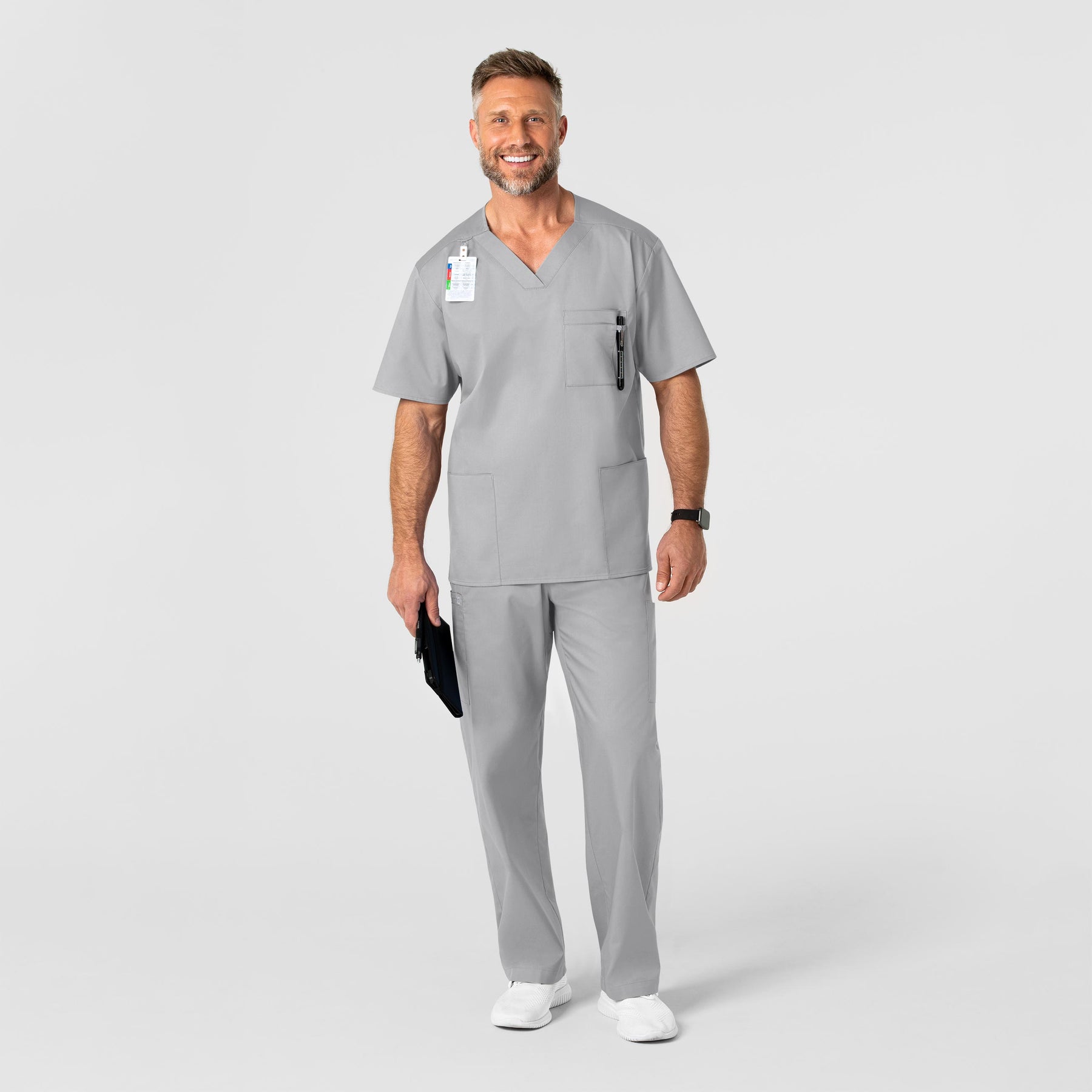 WonderWORK Men's V-Neck Scrub Top Grey full scrub set