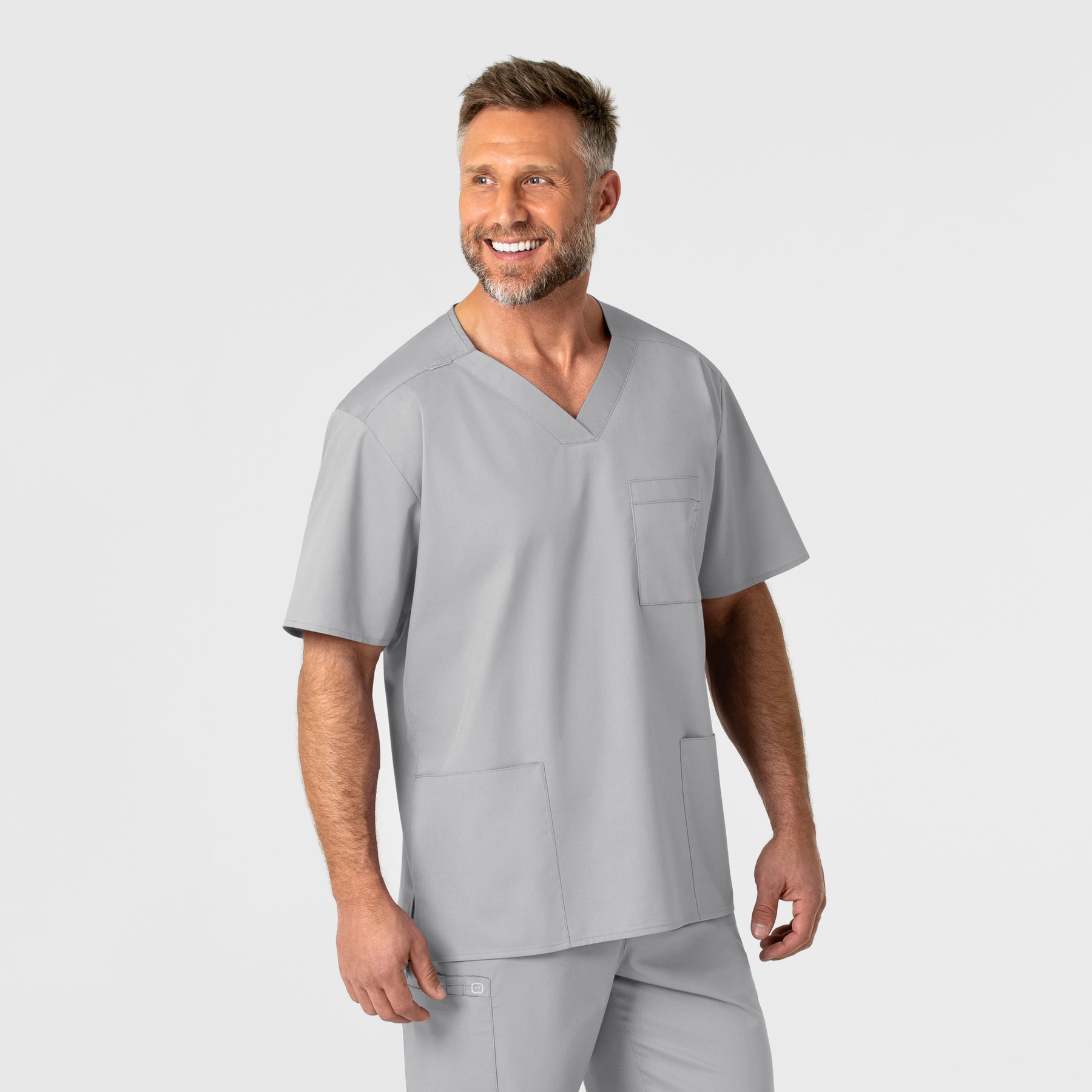 WonderWORK Men's V-Neck Scrub Top - Grey front detail