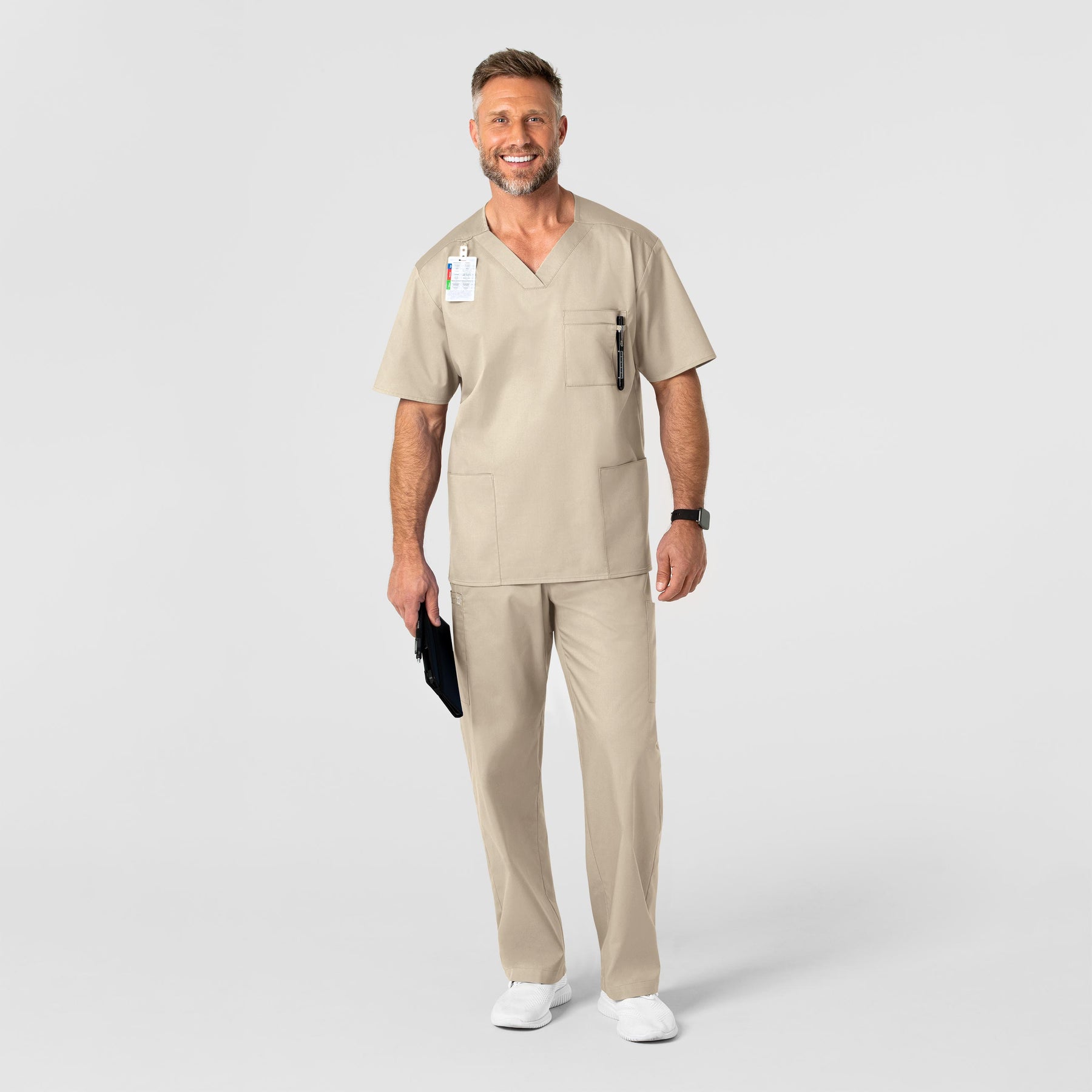 WonderWORK Men's V-Neck Scrub Top Khaki full scrub set
