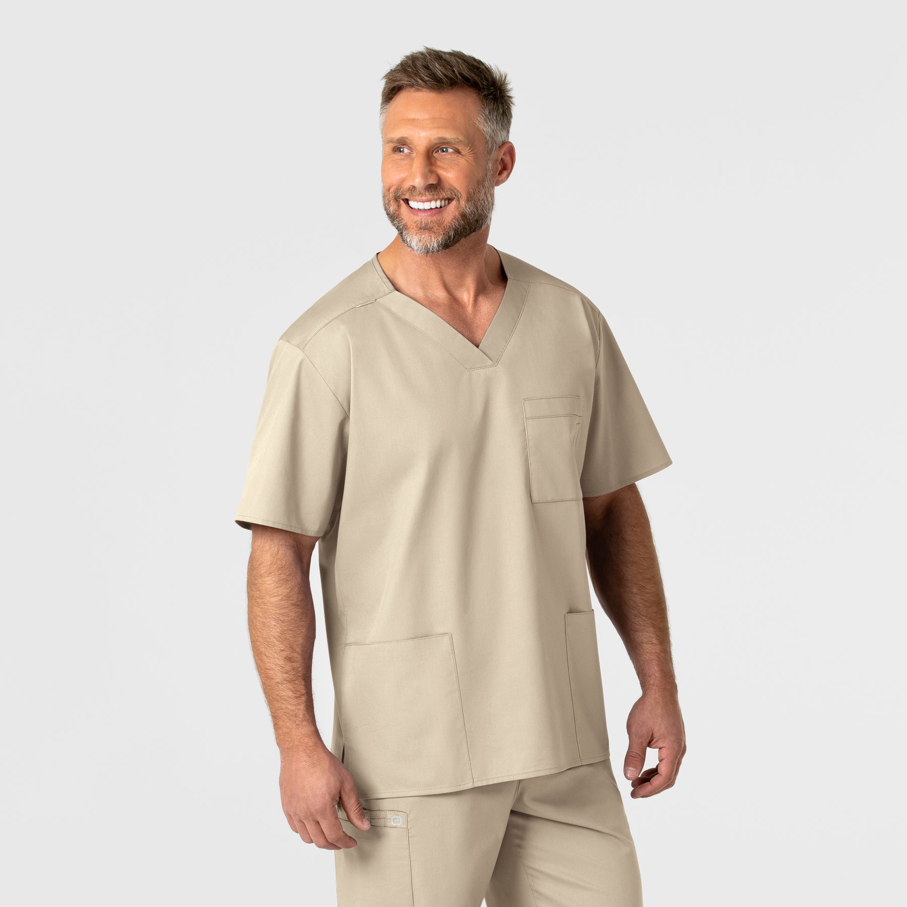 WonderWORK Men's V-Neck Scrub Top - Khaki front detail