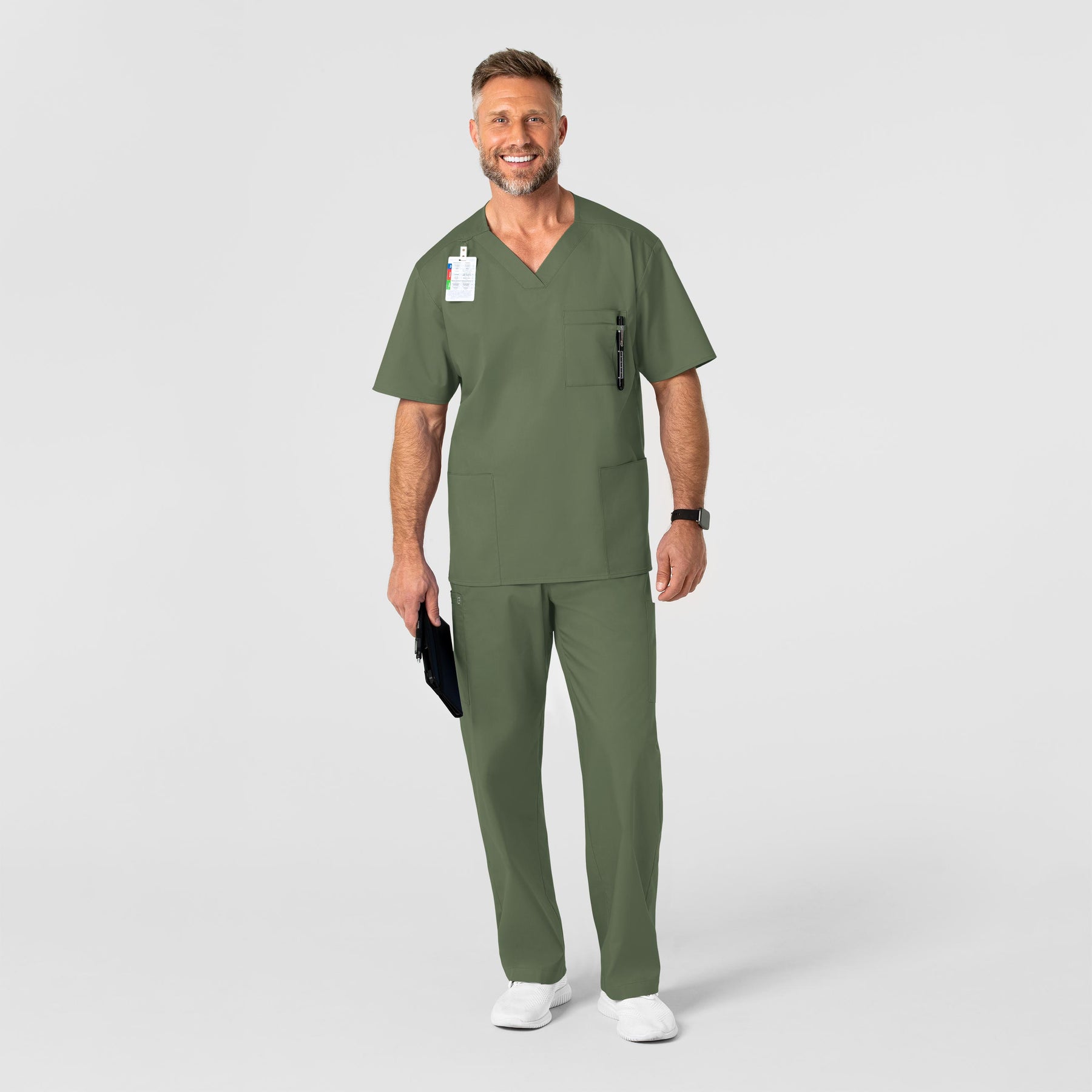 WonderWORK Men's V-Neck Scrub Top Olive full scrub set