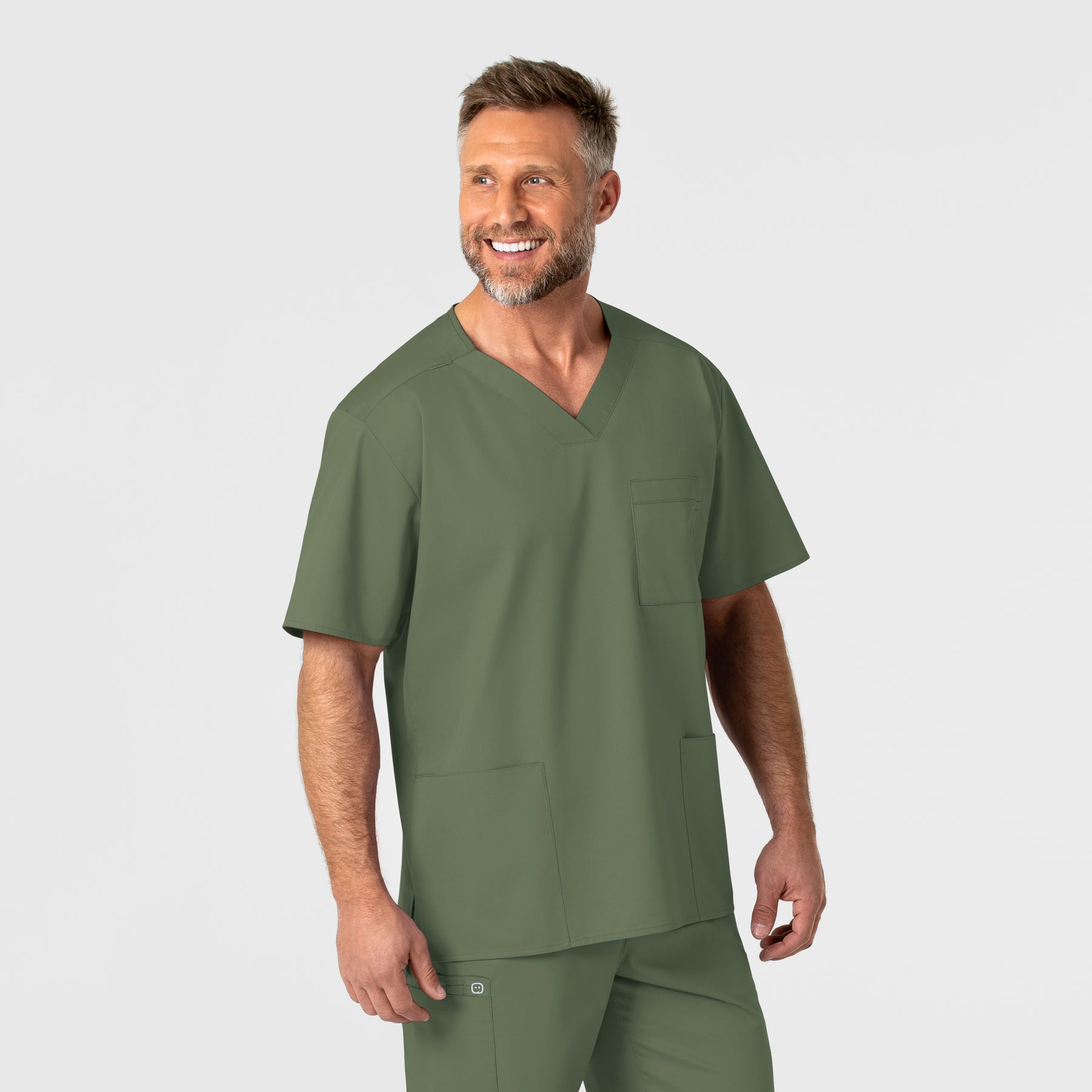 WonderWORK Men's V-Neck Scrub Top - Olive front detail