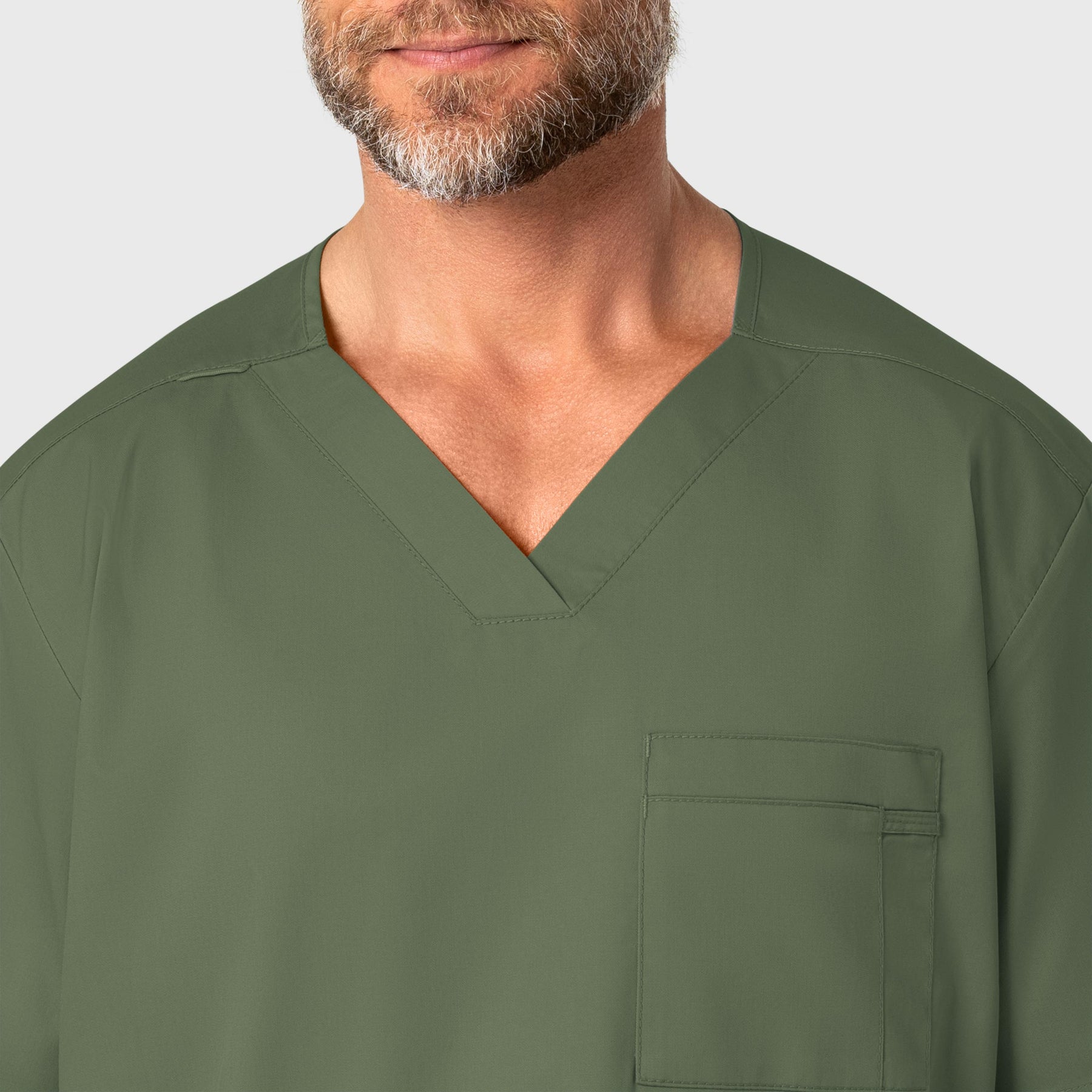 WonderWORK Men's V-Neck Scrub Top Olive front detail