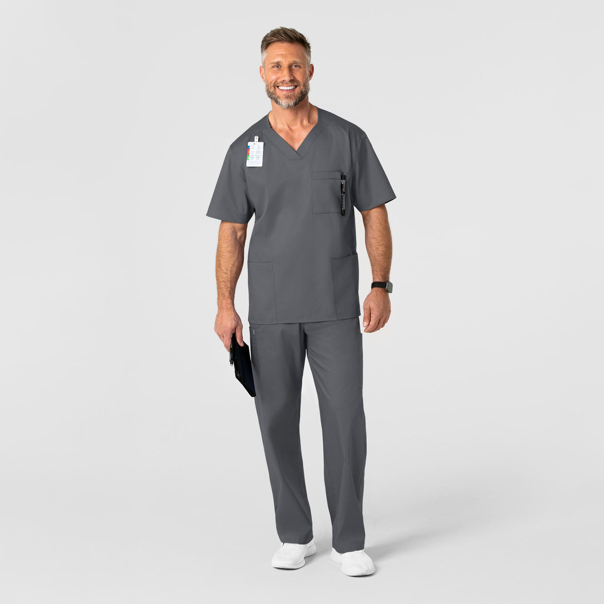 WonderWORK Men's V-Neck Scrub Top Pewter full scrub set