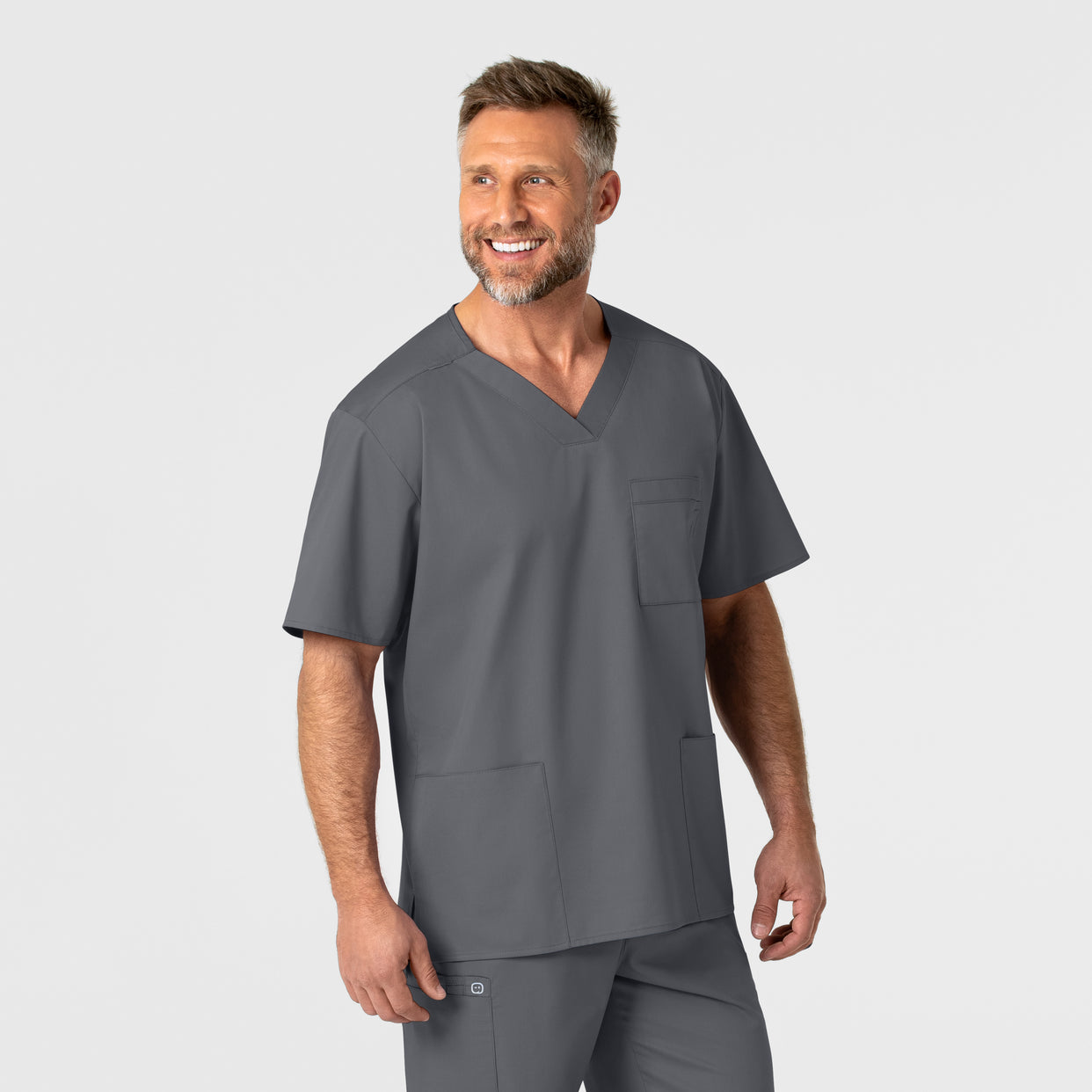 WonderWORK Men's V-Neck Scrub Top - Pewter front detail