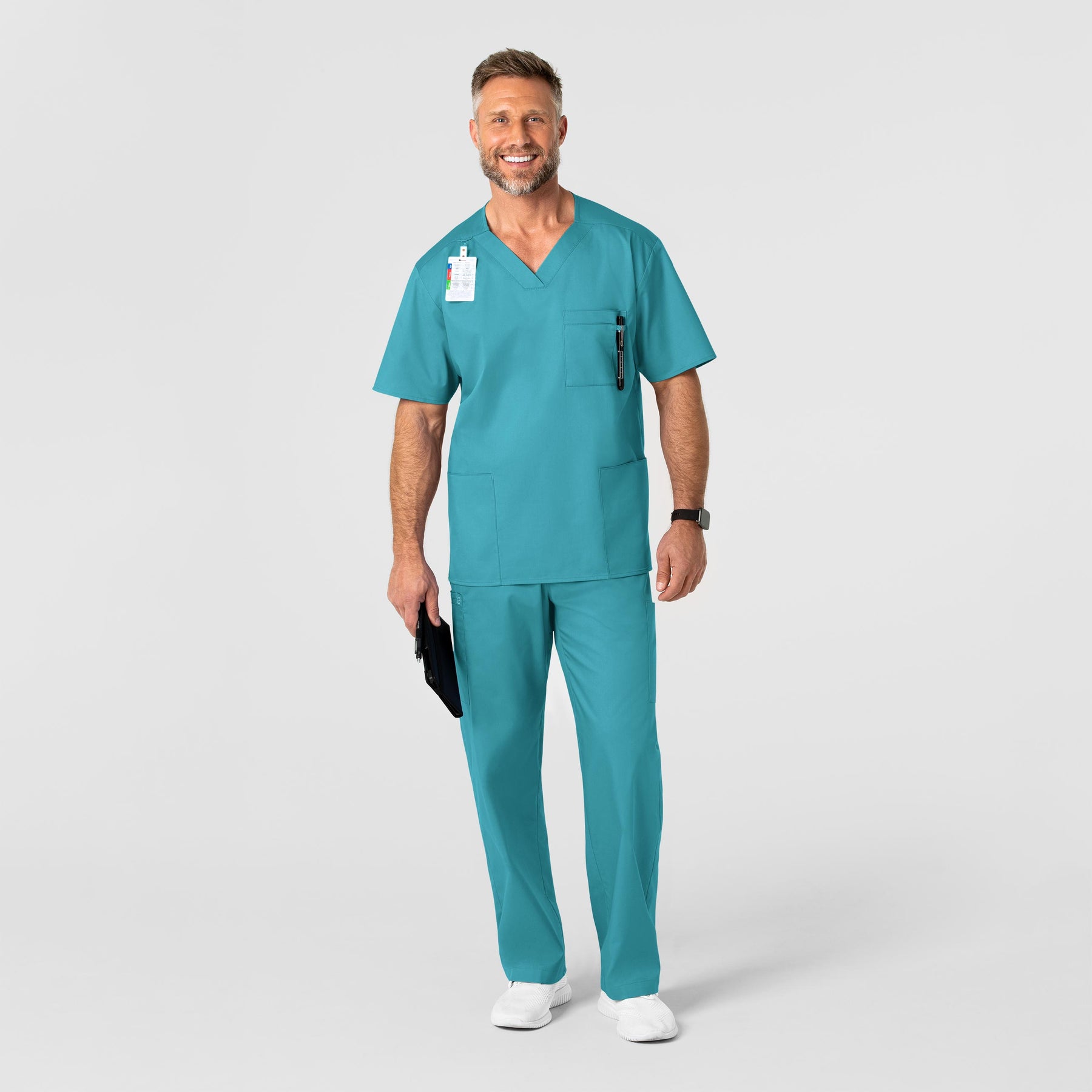 WonderWORK Men's V-Neck Scrub Top Teal Blue full scrub set
