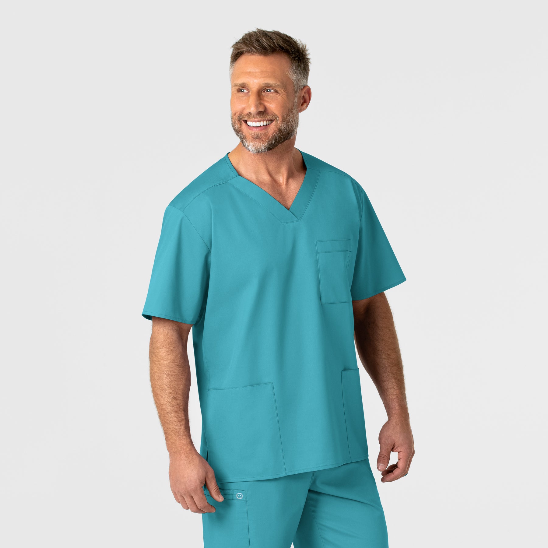 WonderWORK Men's V-Neck Scrub Top - Teal Blue front detail